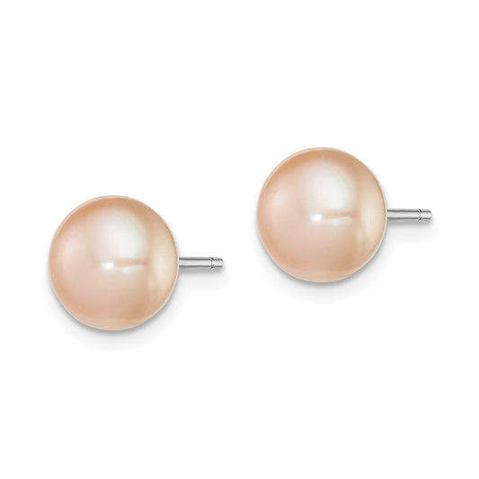 Rhodium-plated Silver 8-9mm Pink FWC Button Pearl Stud Earrings