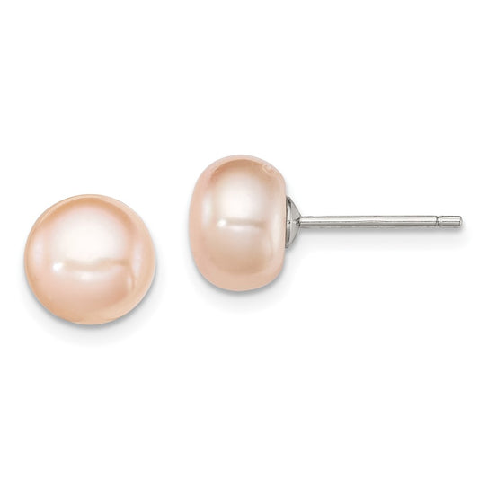 Rhodium-plated Silver 8-9mm Pink FWC Button Pearl Stud Earrings