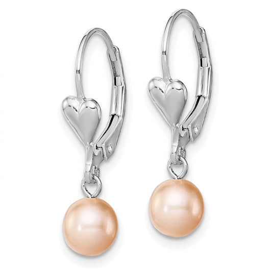 Rhodium-plated Sterling Silver 6-7mm Pink FWC Pearl Leverback Earrings