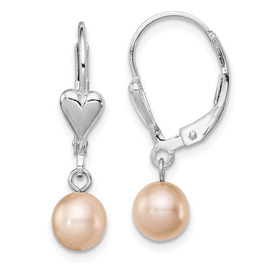 Rhodium-plated Sterling Silver 6-7mm Pink FWC Pearl Leverback Earrings