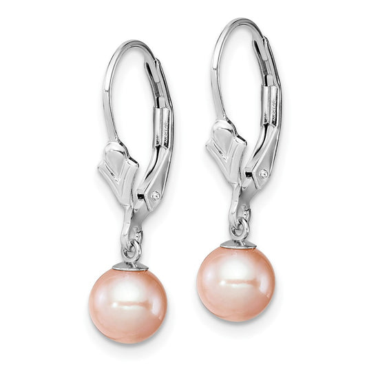 Rhodium-plated Sterling Silver 6-7mm Pink FWC Pearl Leverback Earrings