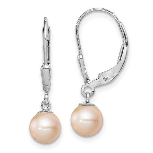 Rhodium-plated Sterling Silver 6-7mm Pink FWC Pearl Leverback Earrings