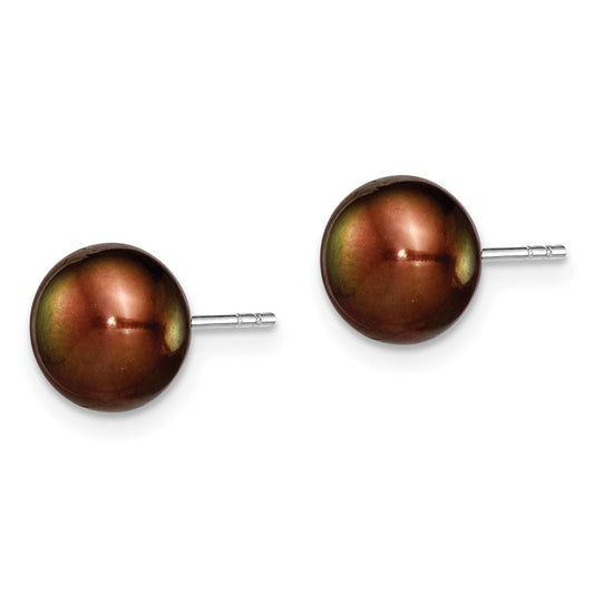Rhodium-plated Silver 8-9mm Brown FWC Button Pearl Stud Earrings