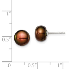 Rhodium-plated Silver 8-9mm Brown FWC Button Pearl Stud Earrings