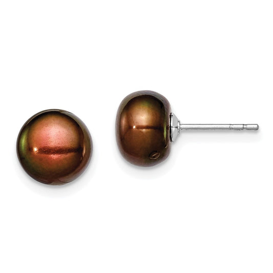 Rhodium-plated Silver 8-9mm Brown FWC Button Pearl Stud Earrings