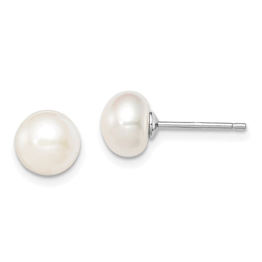 Rhodium-plated Silver 7-8mm White FWC Button Pearl Stud Earrings