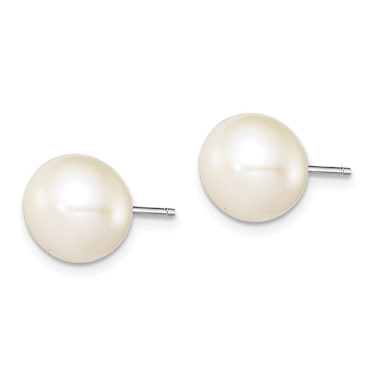 Rhodium-plated Silver 9-10mm White FWC Button Pearl Earrings