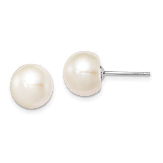 Rhodium-plated Silver 9-10mm White FWC Button Pearl Earrings