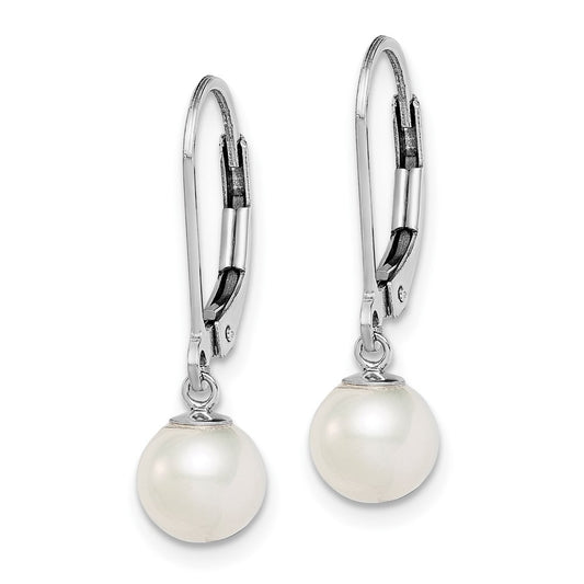 Rhodium-plated Sterling Silver 6-7mm White FWC Pearl Leverback Earrings