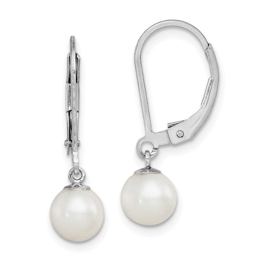 Rhodium-plated Sterling Silver 6-7mm White FWC Pearl Leverback Earrings