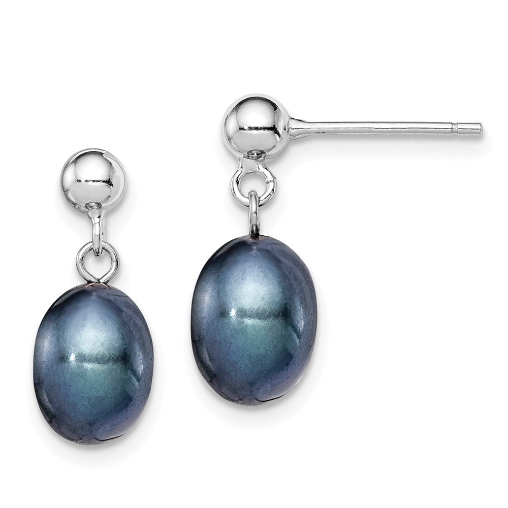 Rhodium-plated Sterling Silver 7-8mm Black FWC Pearl Earrings