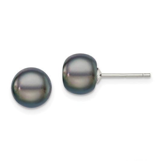 Rhodium-plated Silver 8-9mm Black FWC Button Pearl Stud Earrings