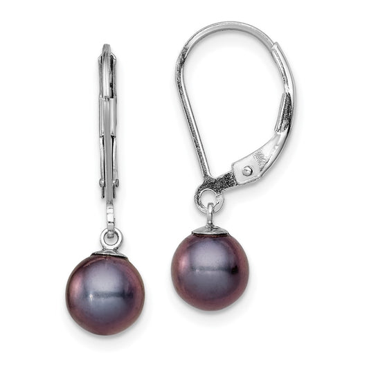 Rhodium-plated Sterling Silver 6-7mm Black FWC Pearl Leverback Earrings