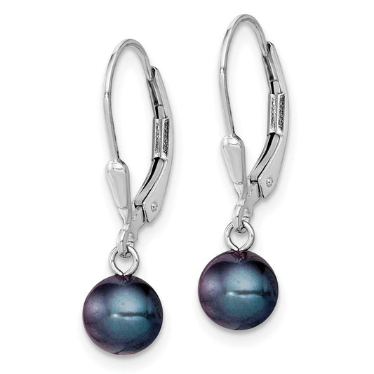 Rhodium-plated Sterling Silver 6-7mm Black FWC Pearl Leverback Earrings