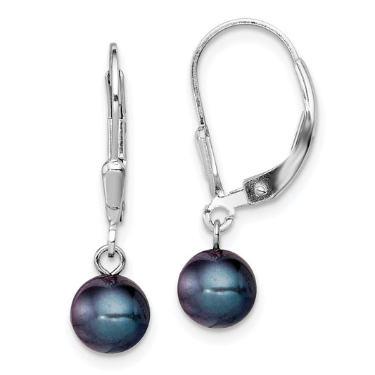 Rhodium-plated Sterling Silver 6-7mm Black FWC Pearl Leverback Earrings