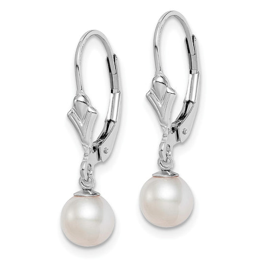 Rhodium-plated Sterling Silver 6-7mm White FWC Pearl Leverback Earrings