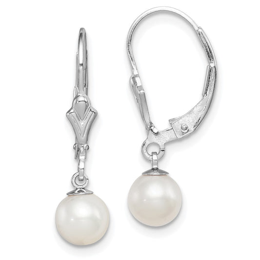 Rhodium-plated Sterling Silver 6-7mm White FWC Pearl Leverback Earrings