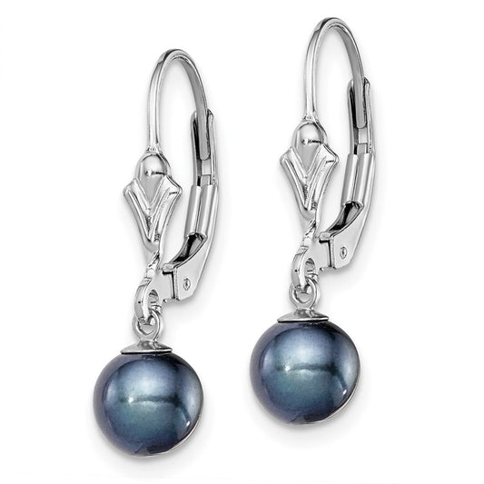 Rhodium-plated Sterling Silver 6-7mm Black FWC Pearl Leverback Earrings