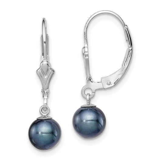 Rhodium-plated Sterling Silver 6-7mm Black FWC Pearl Leverback Earrings