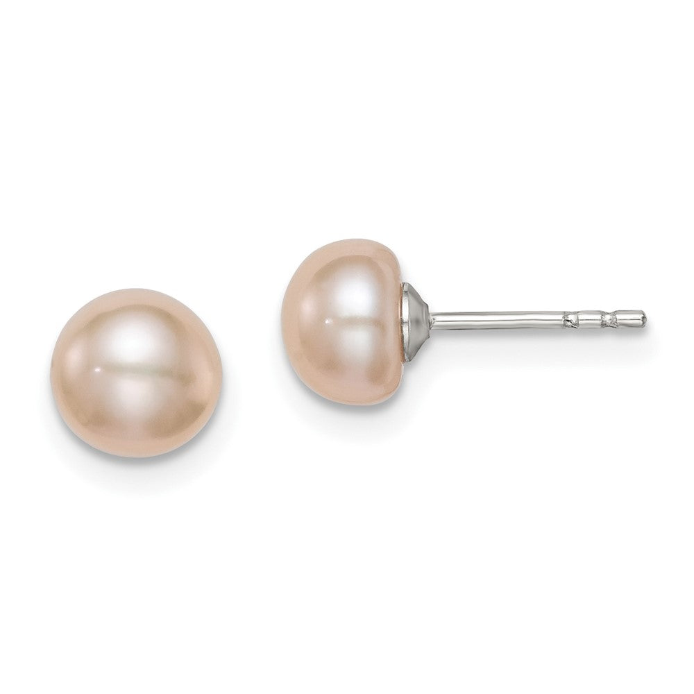 Rhodium-plated Silver 6-7mm Pink FWC Button Pearl Earrings