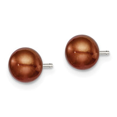 Rhodium-plated Silver 6-7mm Brown FWC Button Pearl Stud Earrings