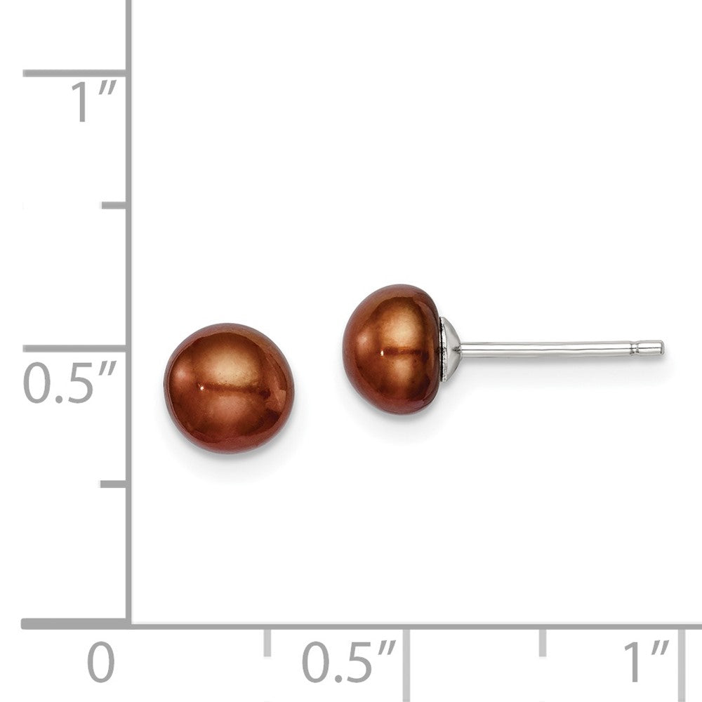 Rhodium-plated Silver 6-7mm Brown FWC Button Pearl Stud Earrings