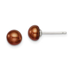 Rhodium-plated Silver 6-7mm Brown FWC Button Pearl Stud Earrings