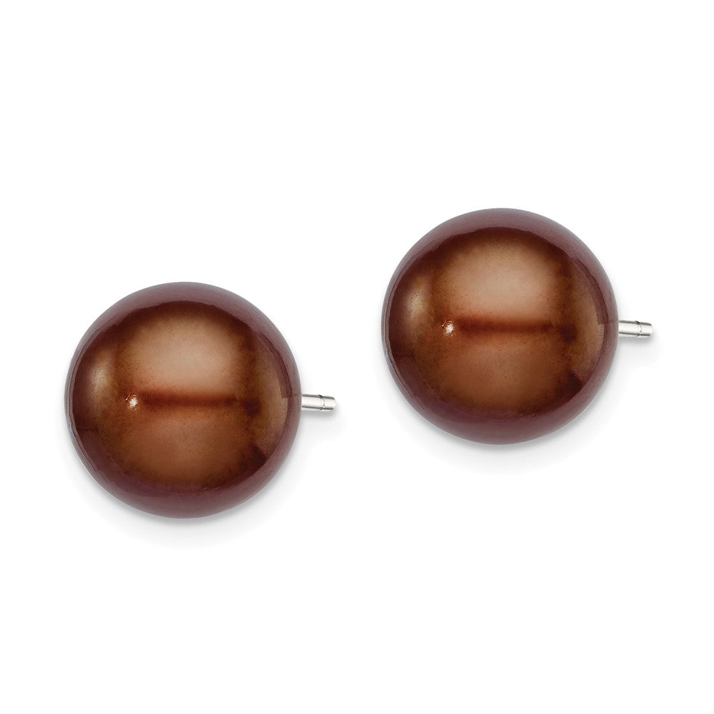 Rhodium-plated Silver 10-11mm Brown FWC Button Pearl Earrings