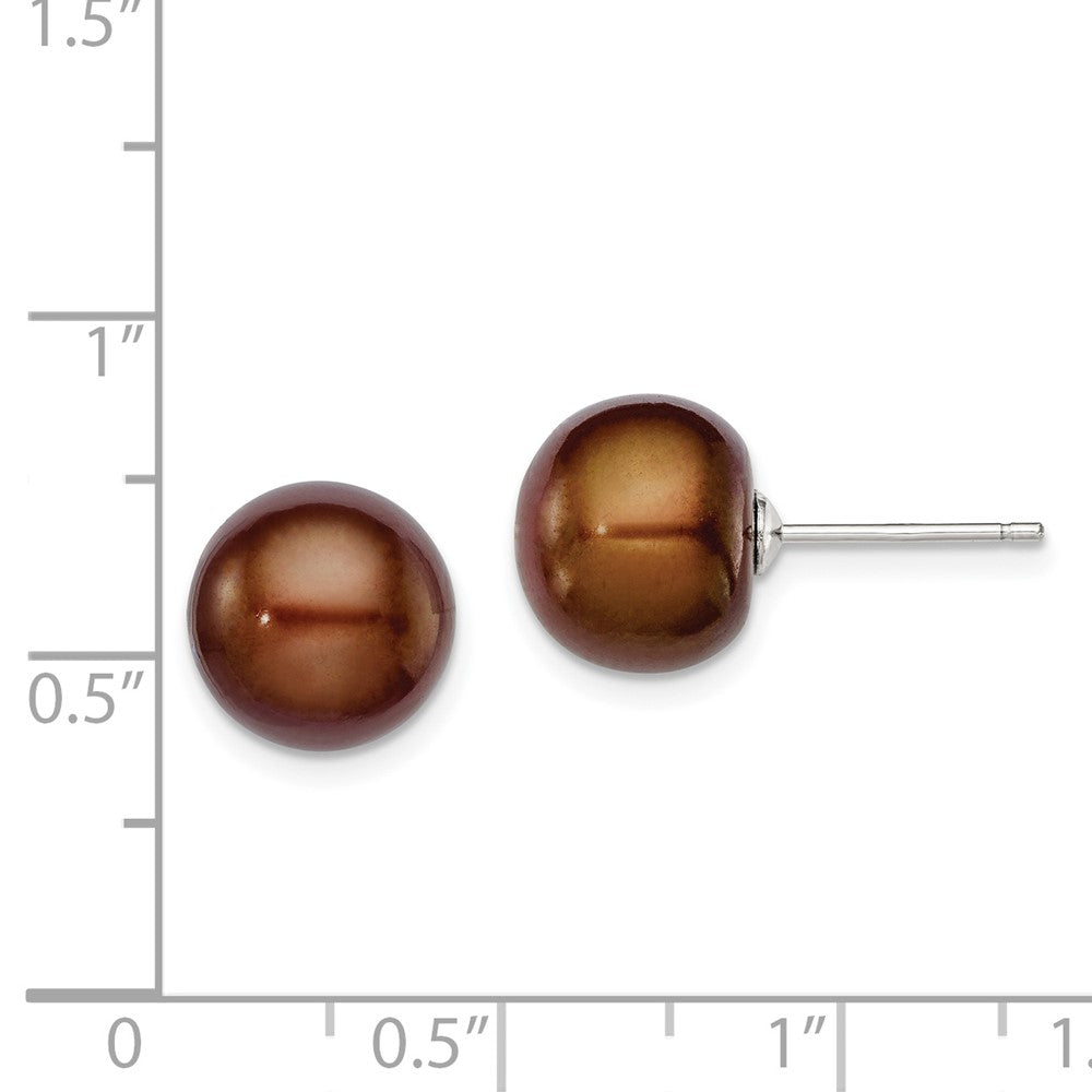 Rhodium-plated Silver 10-11mm Brown FWC Button Pearl Earrings