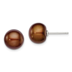 Rhodium-plated Silver 10-11mm Brown FWC Button Pearl Earrings