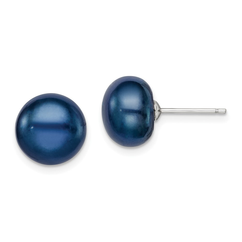 Rhodium-plated Silver 10-11mm Black FWC Button Pearl Earrings