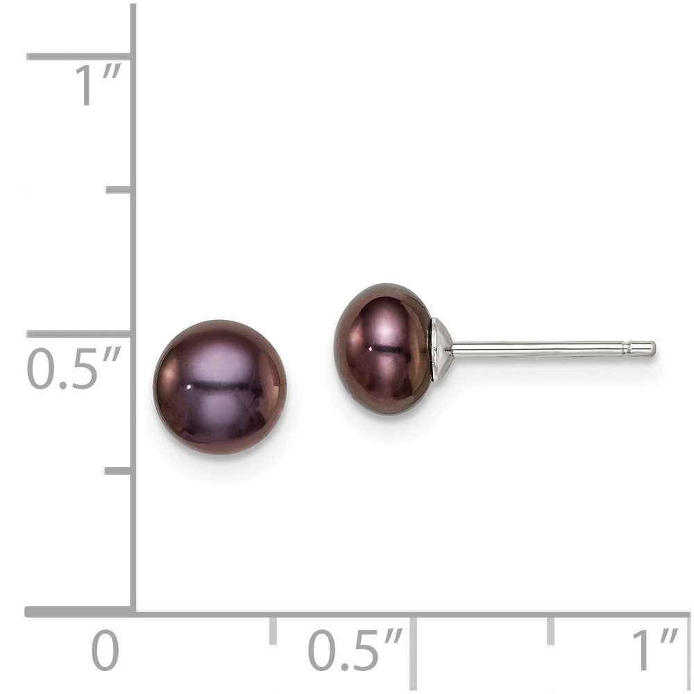 Rhodium-plated Silver 6-7mm FWC Button Pearl Black Earrings