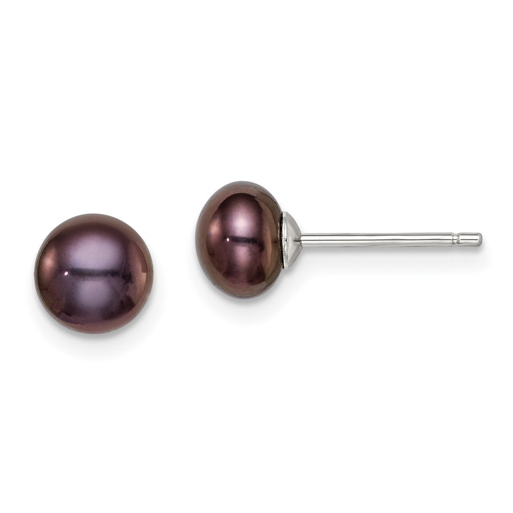 Rhodium-plated Silver 6-7mm FWC Button Pearl Black Earrings