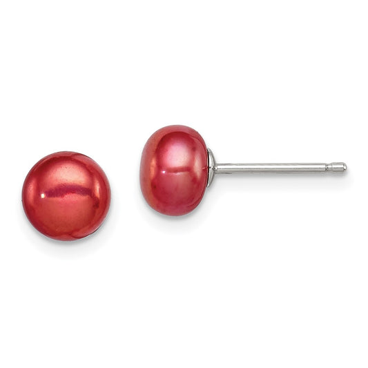 Sterling Silver 6.5-7mm FWC Button Pearl Burgundy Earrings