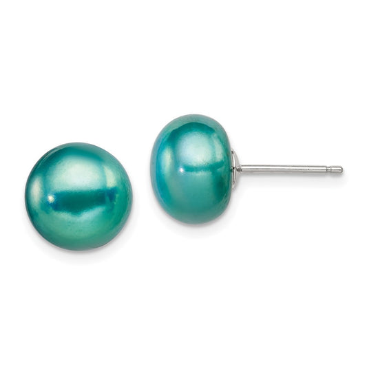 Sterling Silver 10-11mm FWC Button Pearl Teal Earrings