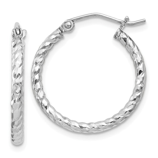 Rhodium-plated Sterling Silver Diamond-cut 2x20mm Hoop Earrings