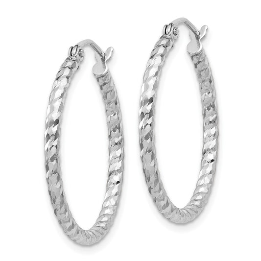 Rhodium-plated Sterling Silver Diamond-cut 2x25mm Hoop Earrings