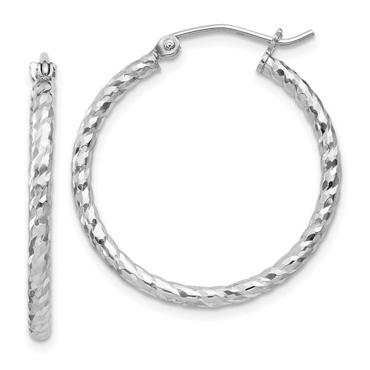 Rhodium-plated Sterling Silver Diamond-cut 2x25mm Hoop Earrings