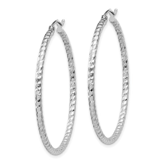 Rhodium-plated Sterling Silver Diamond-cut 2x40mm Hoop Earrings