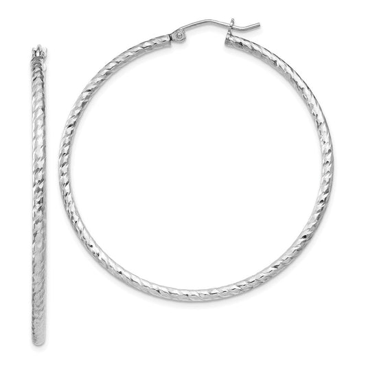 Rhodium-plated Sterling Silver Diamond-cut 2x45mm Hoop Earrings