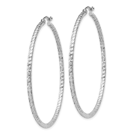 Rhodium-plated Sterling Silver Diamond-cut 2x50mm Hoop Earrings