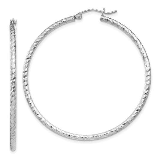 Rhodium-plated Sterling Silver Diamond-cut 2x50mm Hoop Earrings