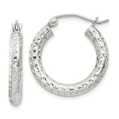 Sterling Silver Diamond-cut 3x20mm Hoop Earrings