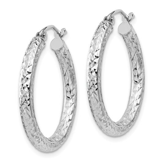 Rhodium-plated Sterling Silver Diamond-cut 3x25mm Hoop Earrings