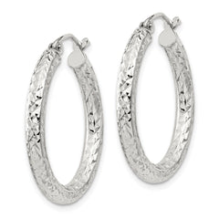 Sterling Silver Diamond-cut 3x25mm Hoop Earrings