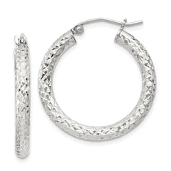 Sterling Silver Diamond-cut 3x25mm Hoop Earrings