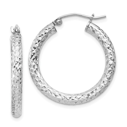 Rhodium-plated Sterling Silver Diamond-cut 3x25mm Hoop Earrings