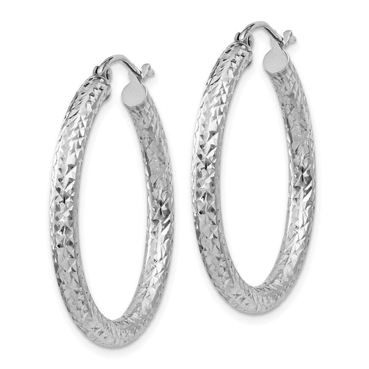 Rhodium-plated Sterling Silver Diamond-cut 3x30mm Hoop Earrings