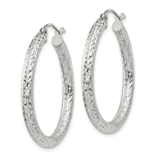 Sterling Silver Diamond-cut 3x30mm Hoop Earrings