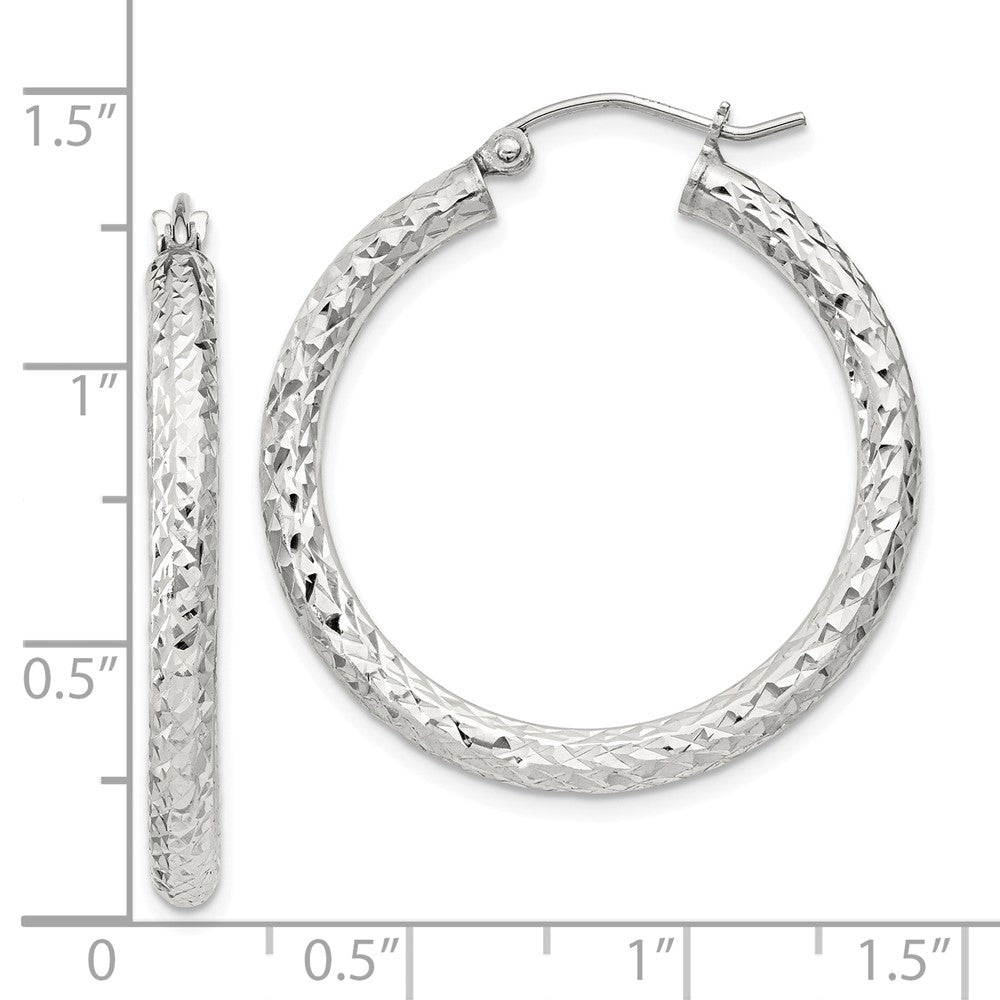 Sterling Silver Diamond-cut 3x30mm Hoop Earrings